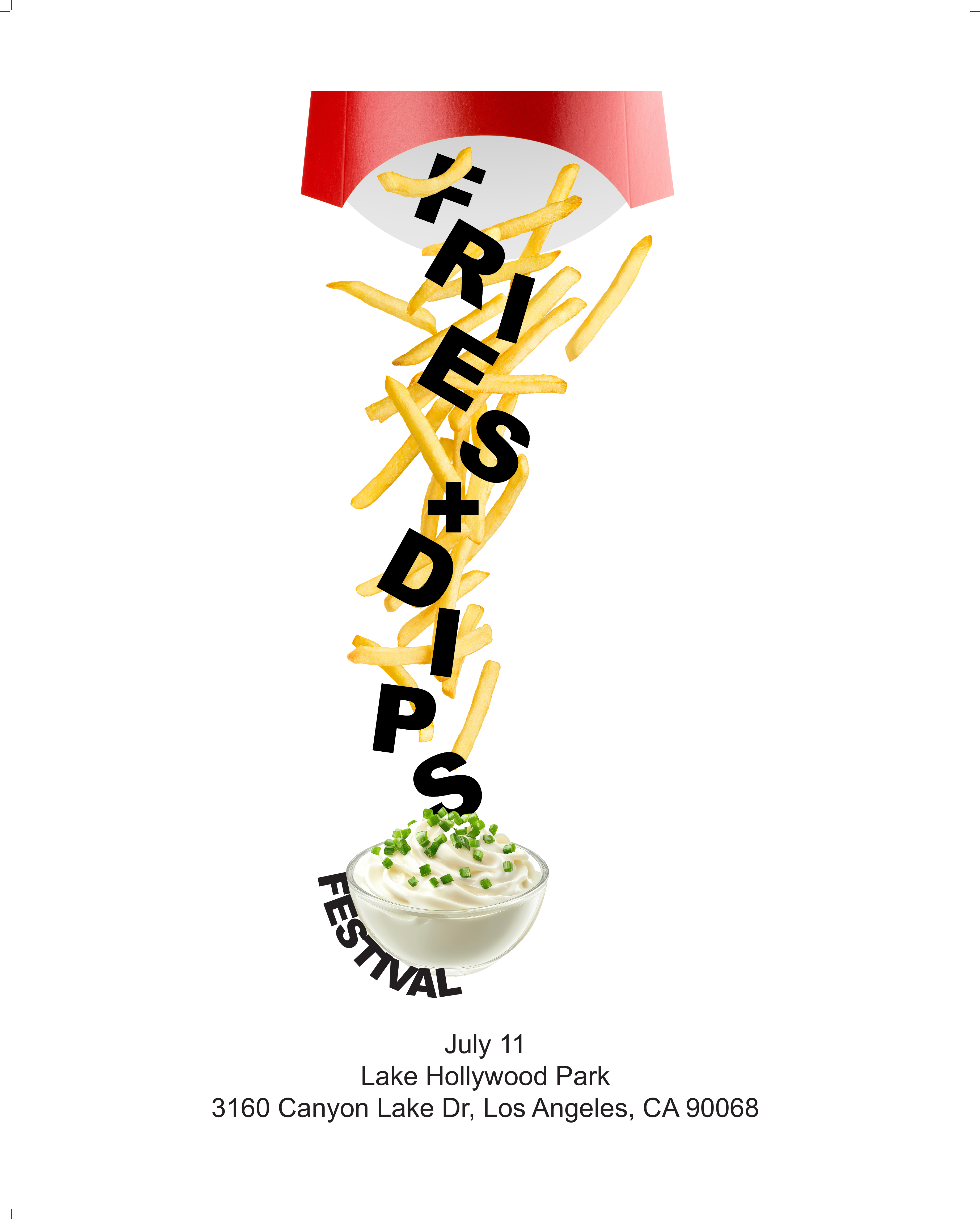 Original Fries and Dips Festival poster with a red fry carton above falling fries and letterforms leading to a bowl of dip and event information.