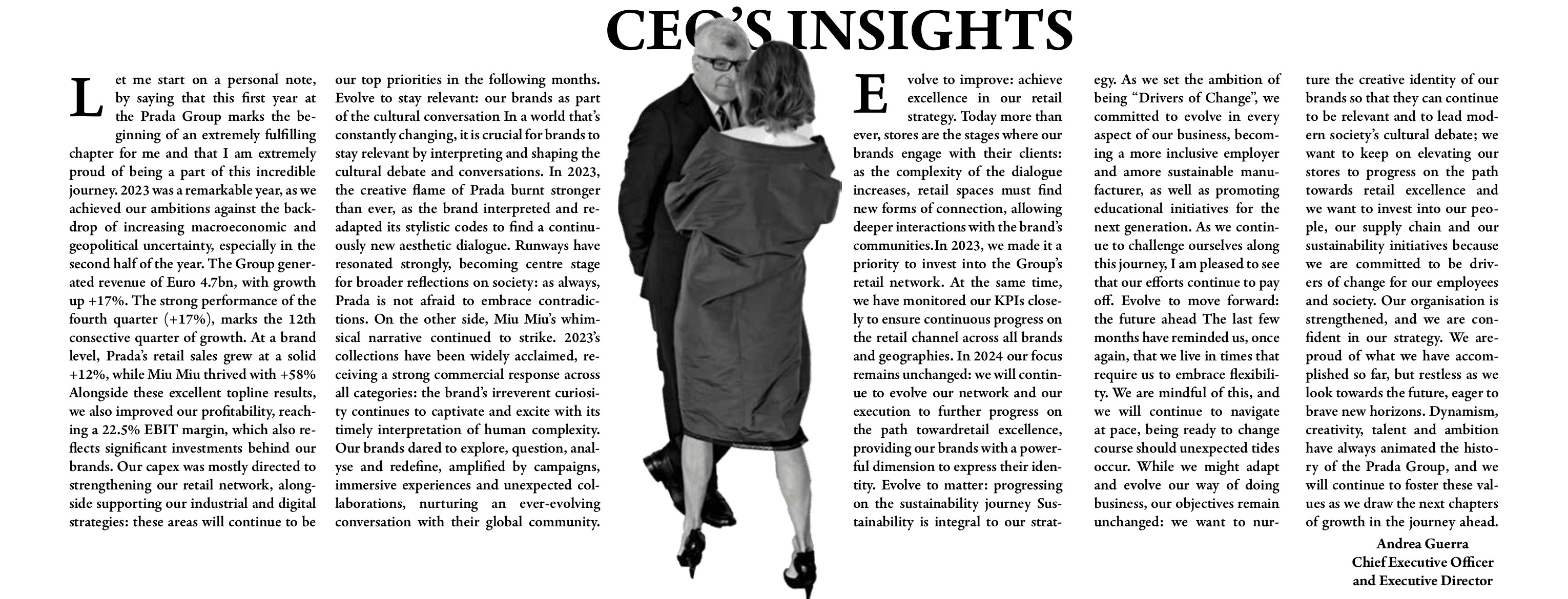 Prada CEO insights spread with five text columns and a central black-and-white fashion photograph.