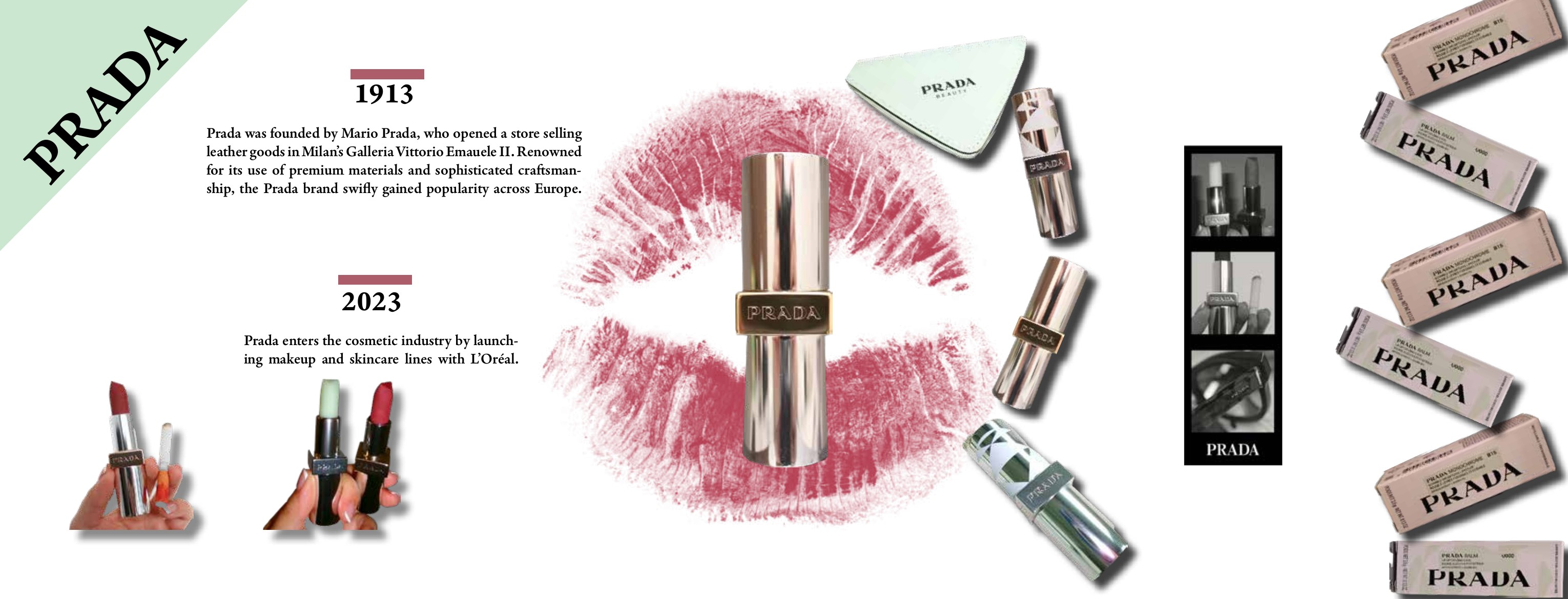 Prada beauty timeline spread with lipstick marks, cosmetic products, archival imagery, and historical milestones.