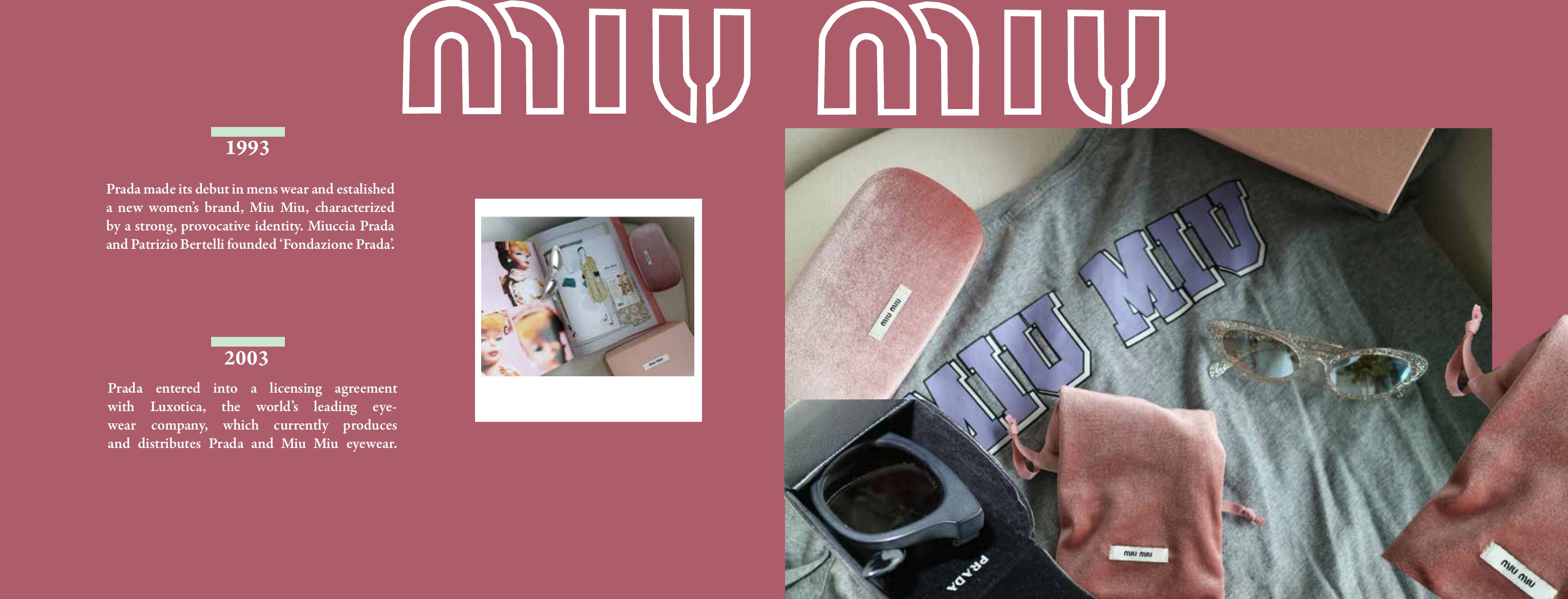 Miu Miu timeline spread with dusty pink background, fashion accessories, and historical milestones.