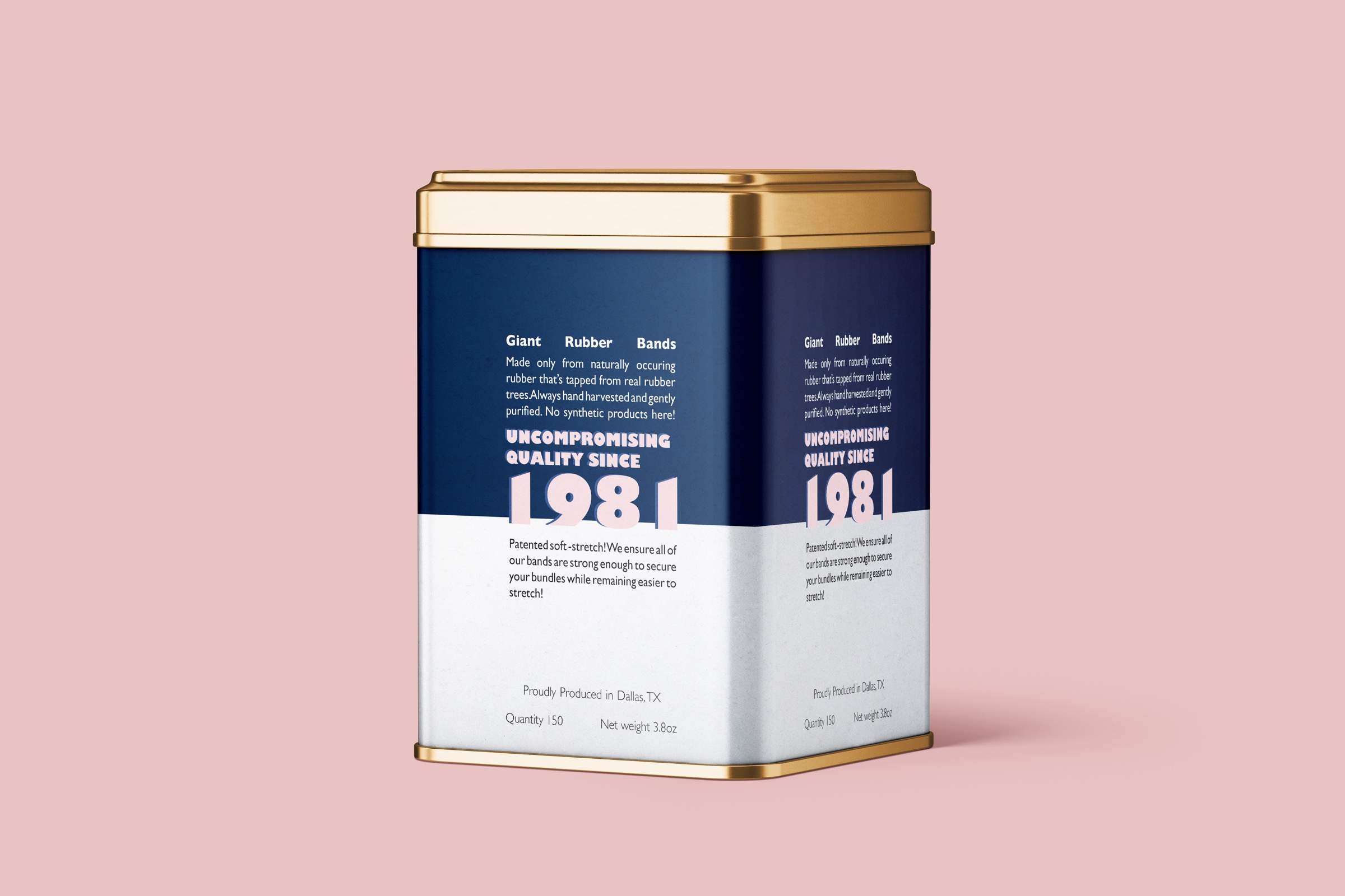 Blue, white, and gold Giant Rubber Bands tin featuring an oversized 1981 date and a structured typographic information hierarchy.