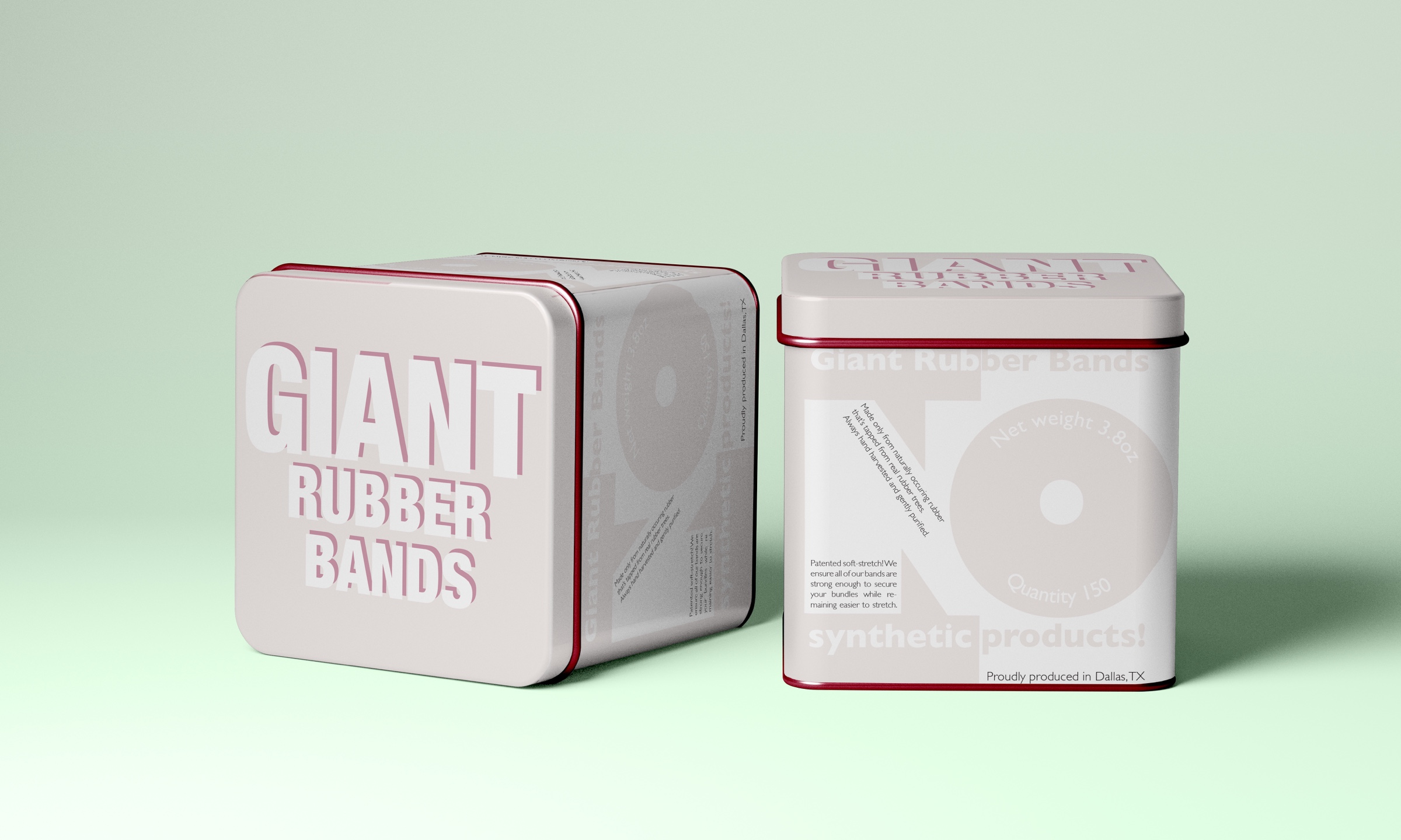 Two pale Giant Rubber Bands tins with pink typography and red metal accents shown against a soft green background.