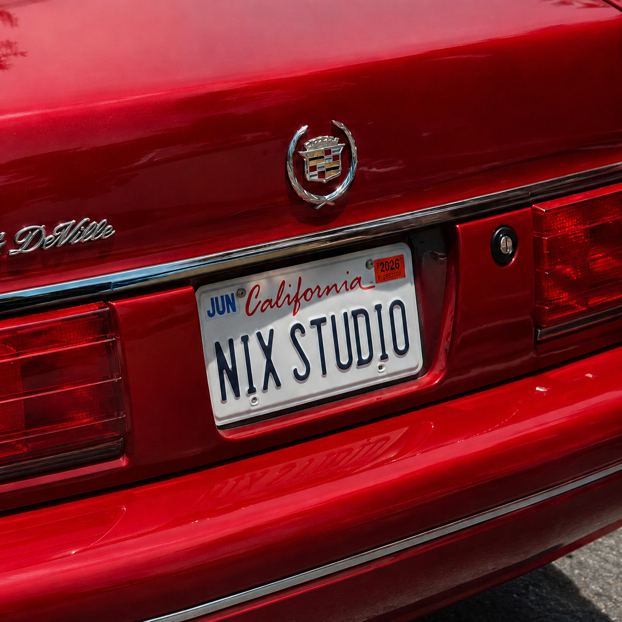 The rear of a red Cadillac with a California license plate reading NIX STUDIO.