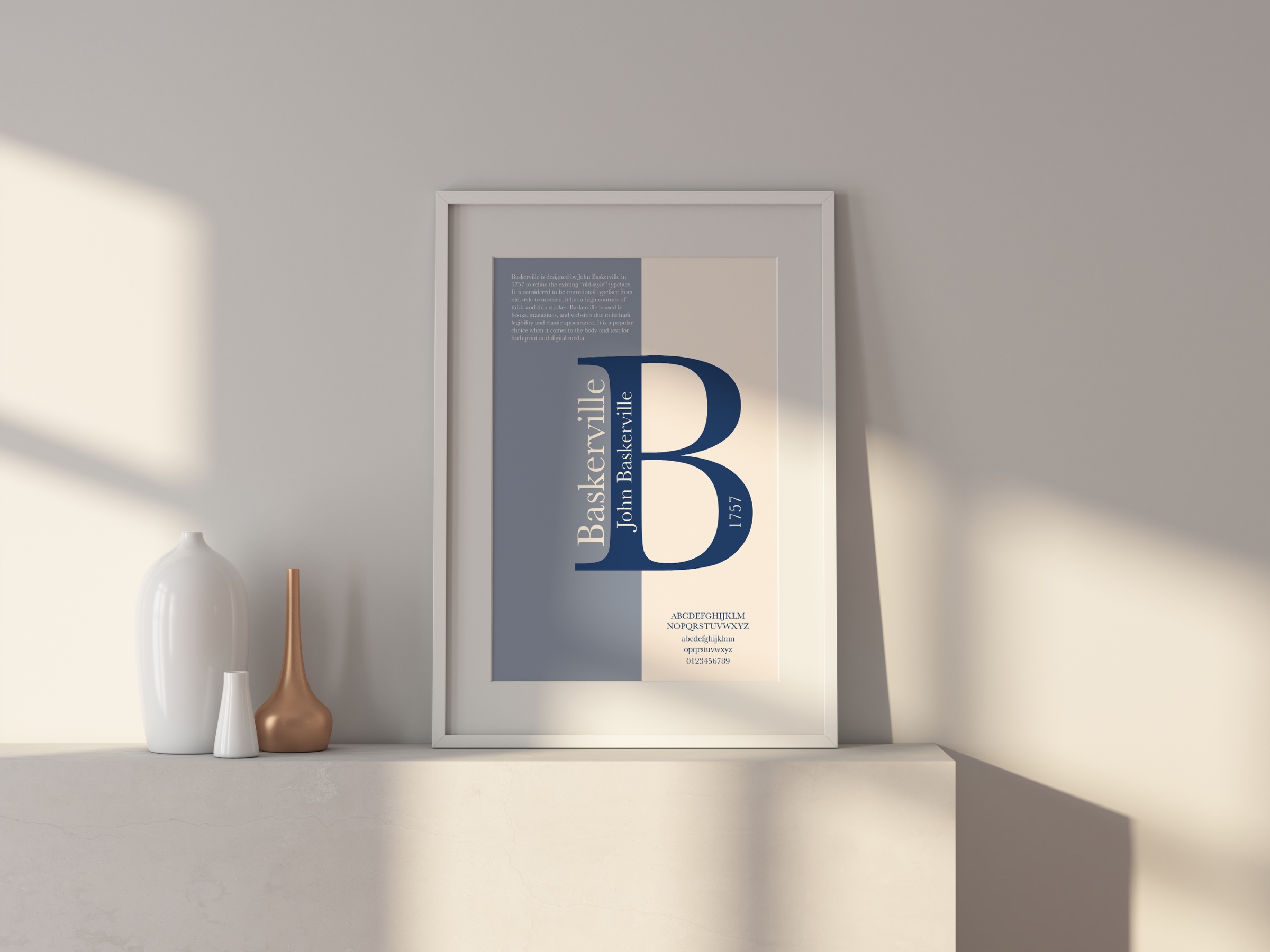 Framed Baskerville type specimen poster featuring an oversized letter B in a warm, minimal interior.