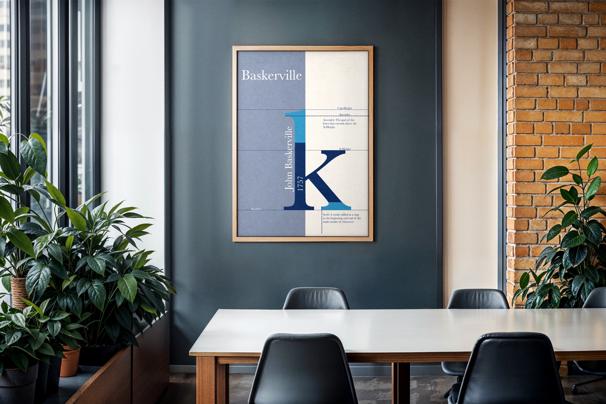 Framed Baskerville anatomy poster featuring an oversized letter K displayed in a contemporary meeting room.