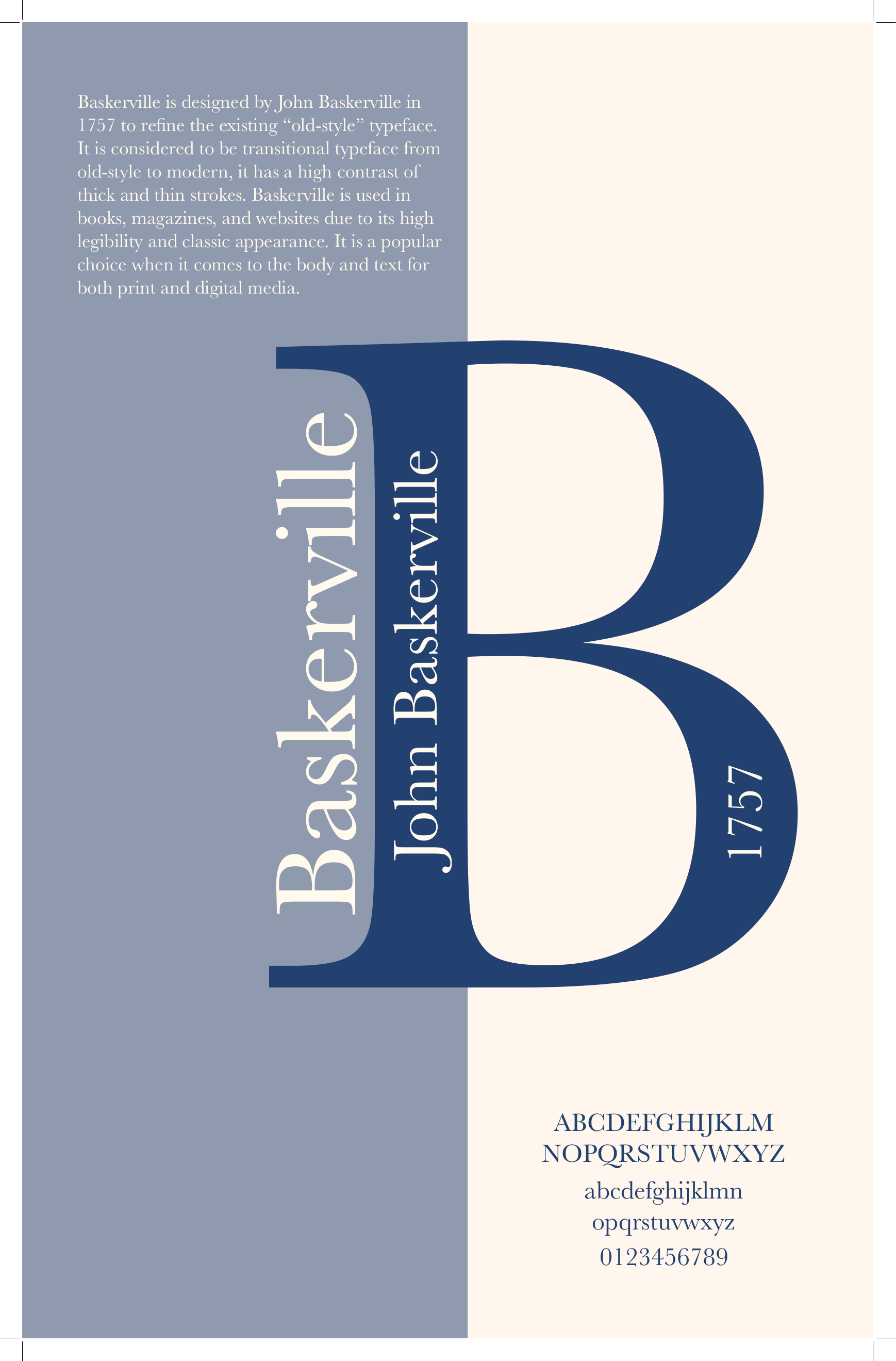 Baskerville typographic poster featuring an oversized letter B, a short history of the typeface, and a complete character specimen.
