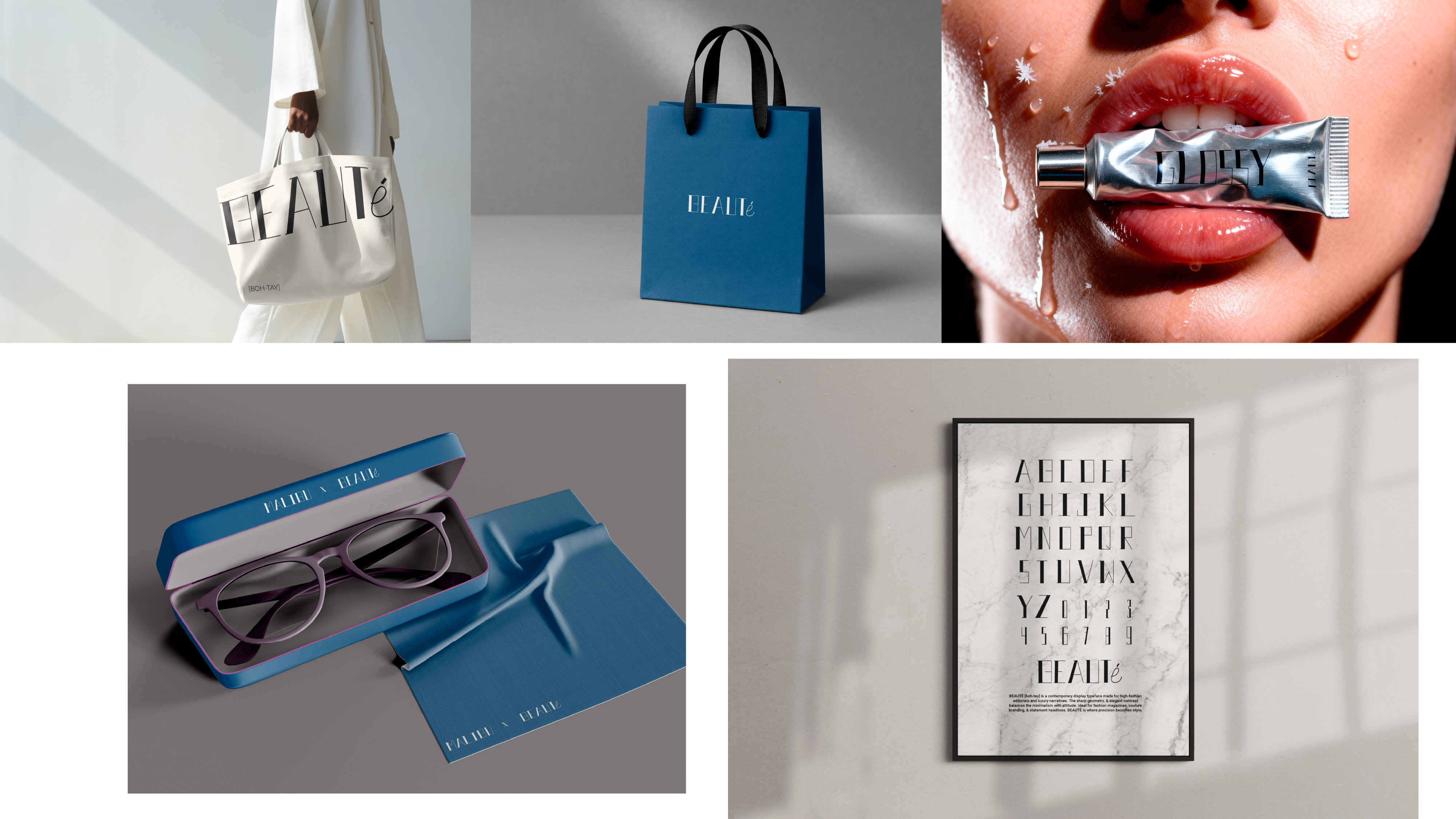 Beauté custom typography applied to tote bags, shopping packaging, lip gloss, eyewear packaging, and an alphabet specimen poster.