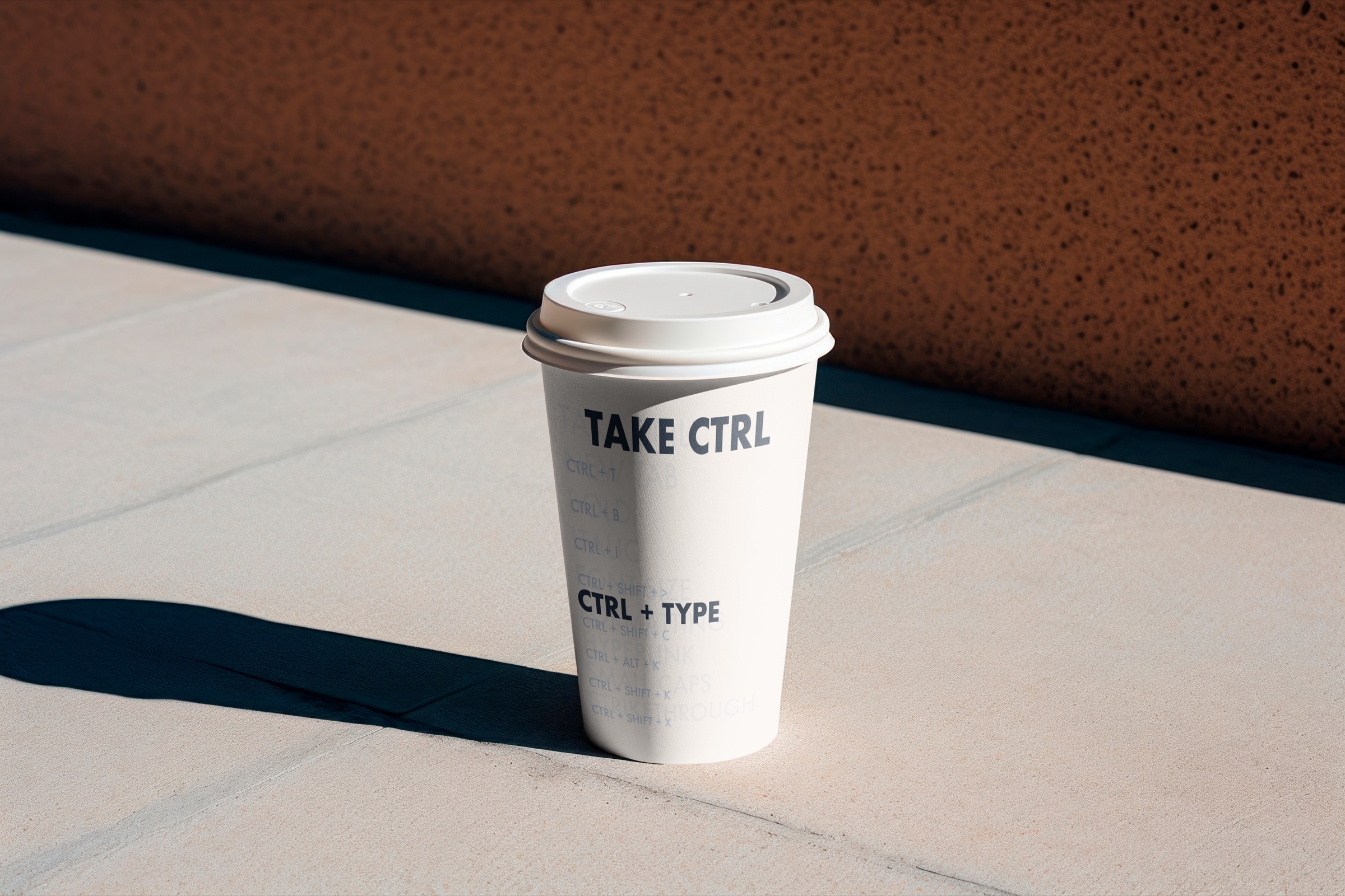 Take CTRL coffee cup featuring the layered CTRL + TYPE exhibition typography in a sunlit setting.