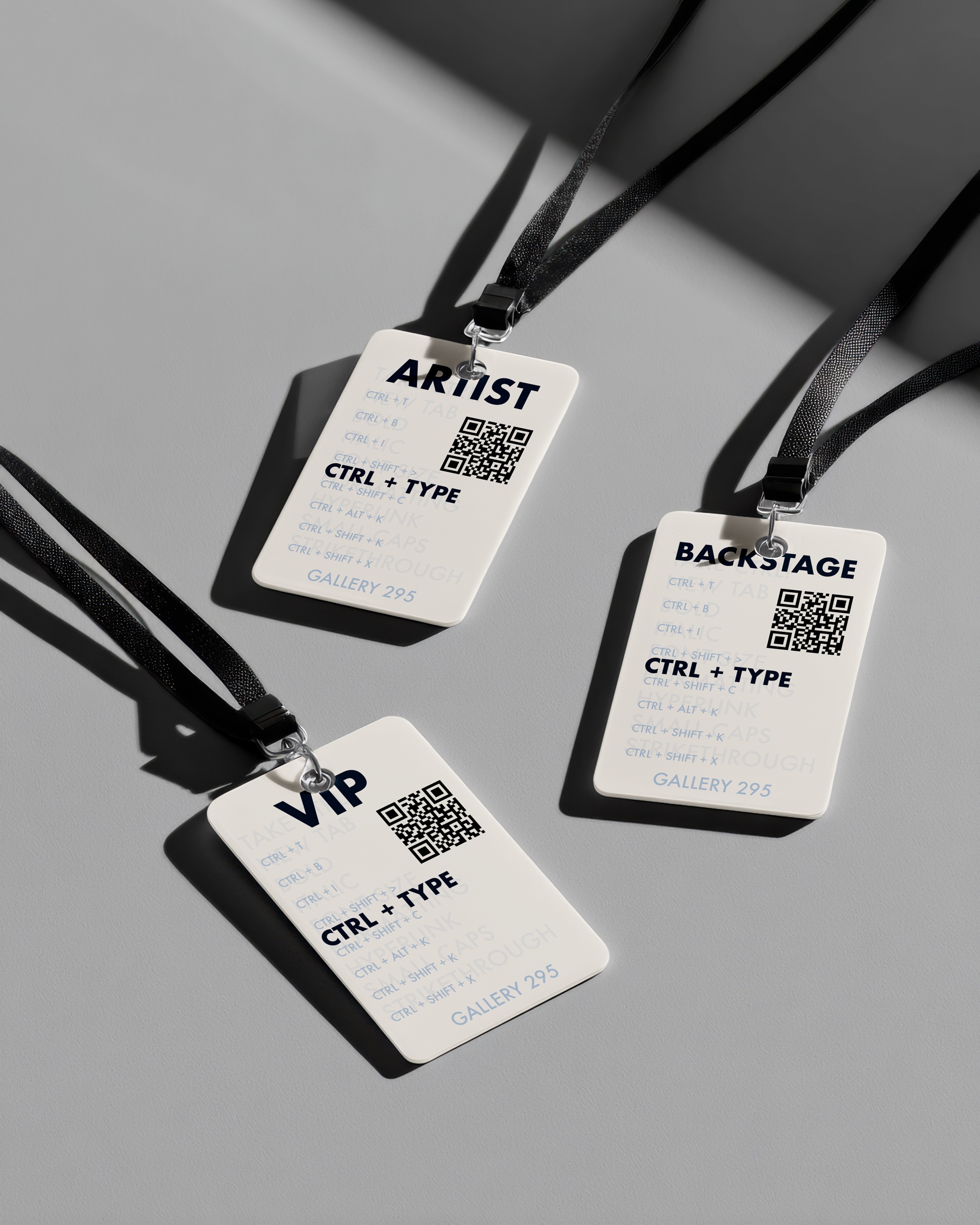 Artist, backstage, and VIP exhibition credentials using the CTRL + TYPE identity, typographic command pattern, and QR codes.