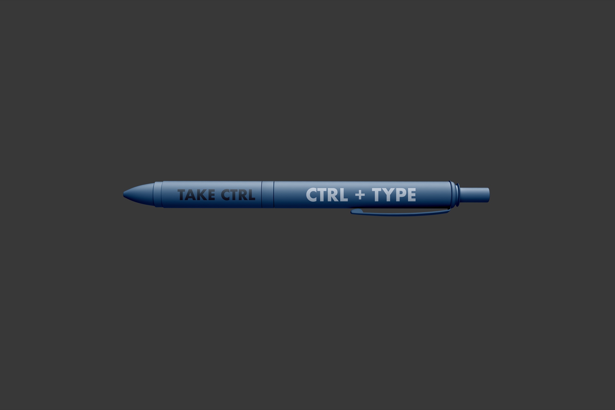 Navy pen printed with Take CTRL and CTRL + TYPE exhibition messaging.