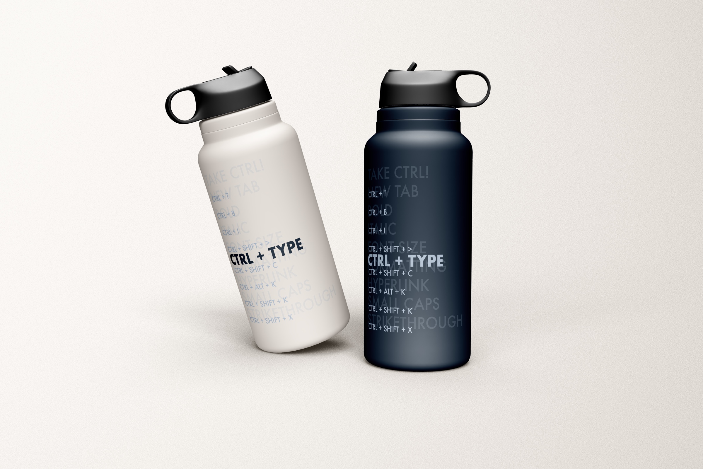 White and navy water bottles carrying the CTRL + TYPE keyboard-command typography system.
