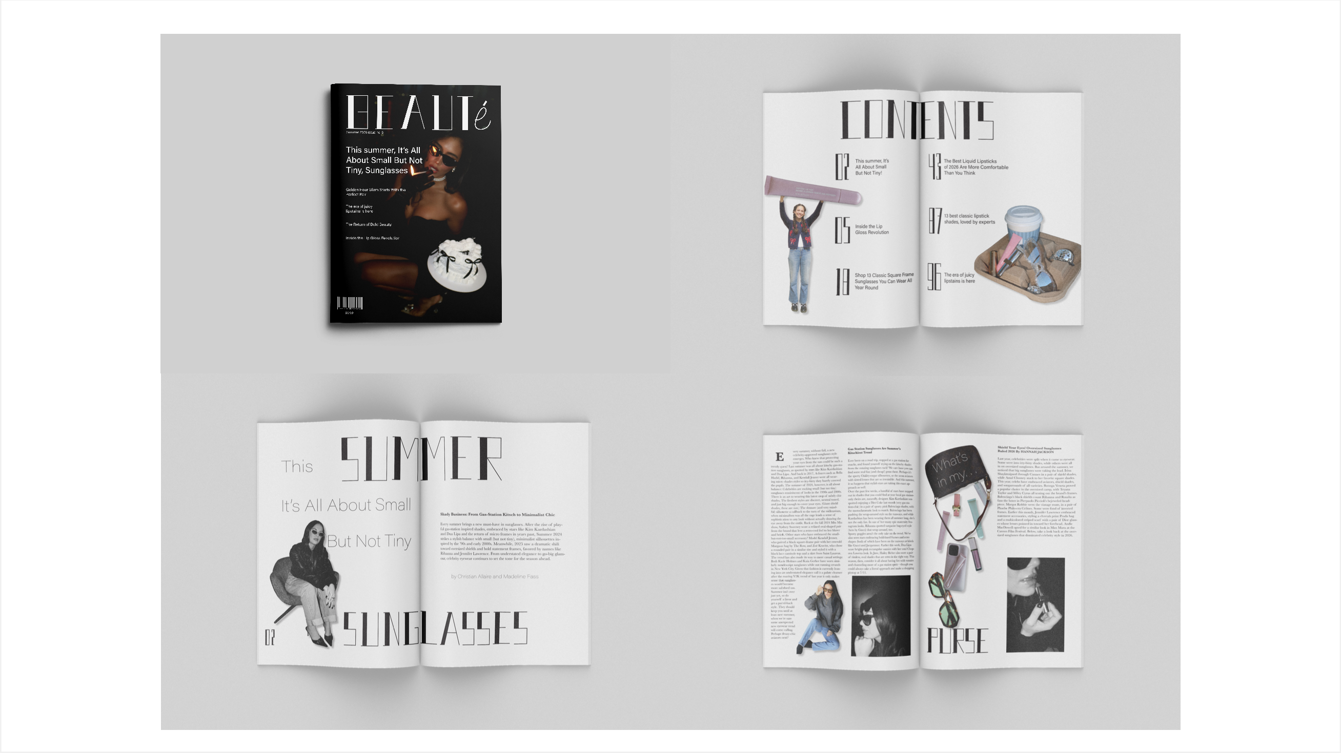 Beauté magazine typography system shown across a dark cover, contents spread, feature opener, and editorial spread.