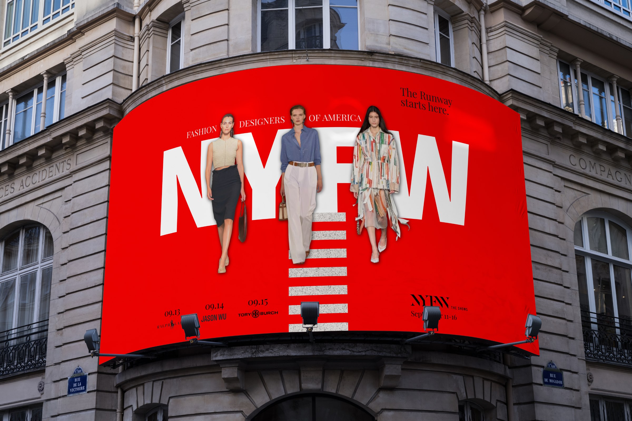 Red New York Fashion Week typography and fashion campaign displayed across a curved building billboard.