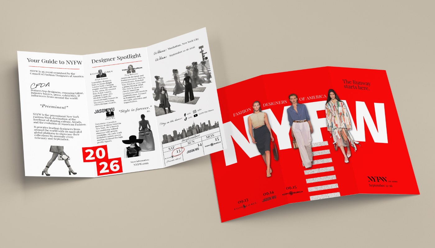 New York Fashion Week tri-fold brochure showing its red typographic cover beside the black-and-white interior information design.
