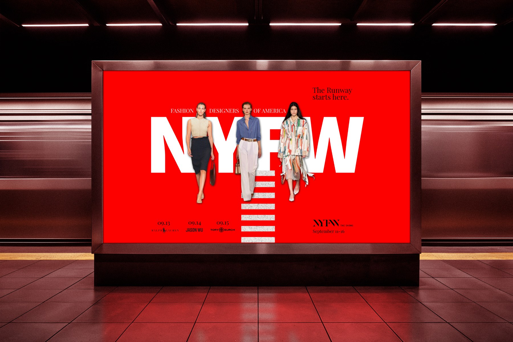 Red New York Fashion Week campaign artwork displayed on a large illuminated transit billboard.