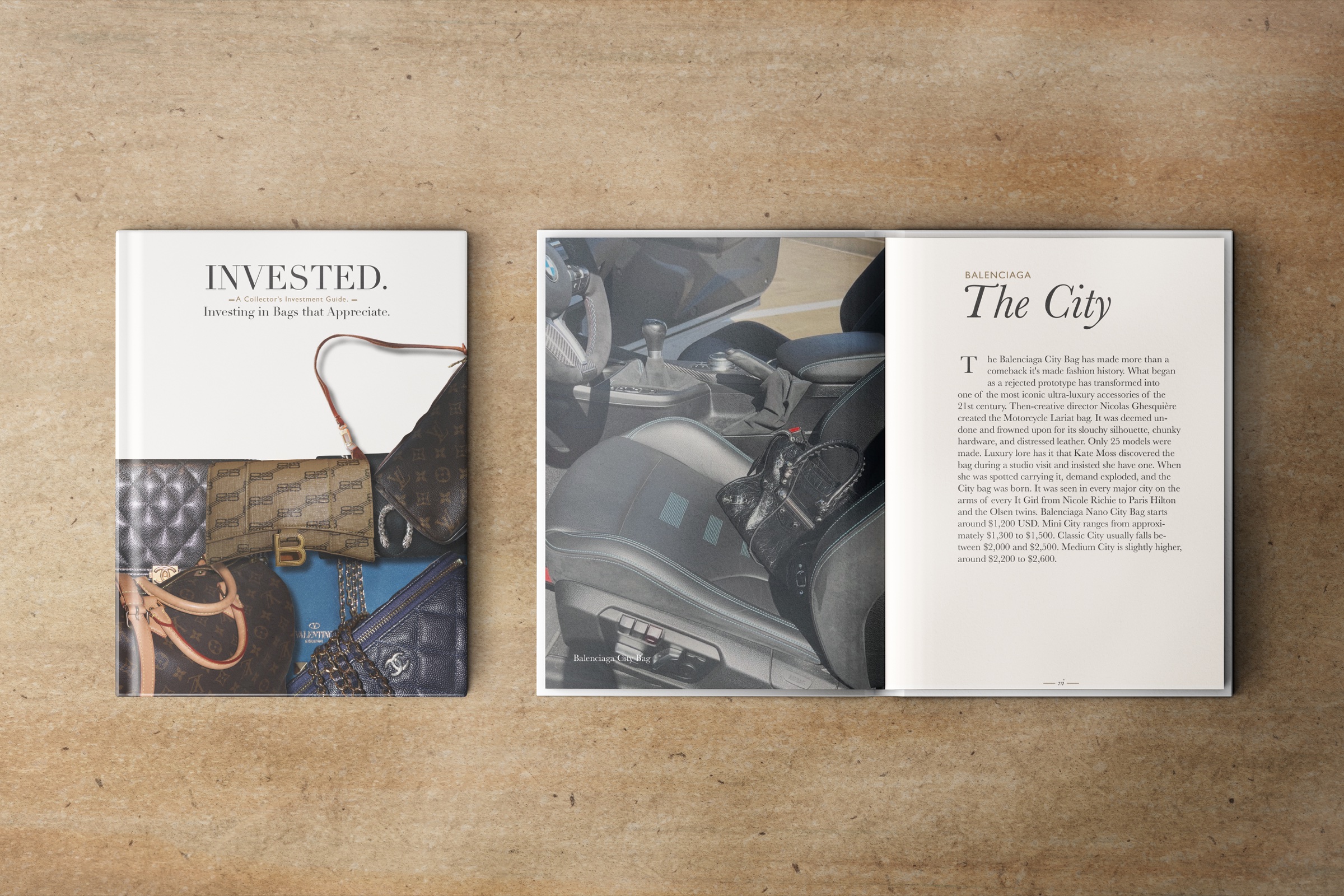 Invested publication cover beside an editorial spread about the Balenciaga City bag.