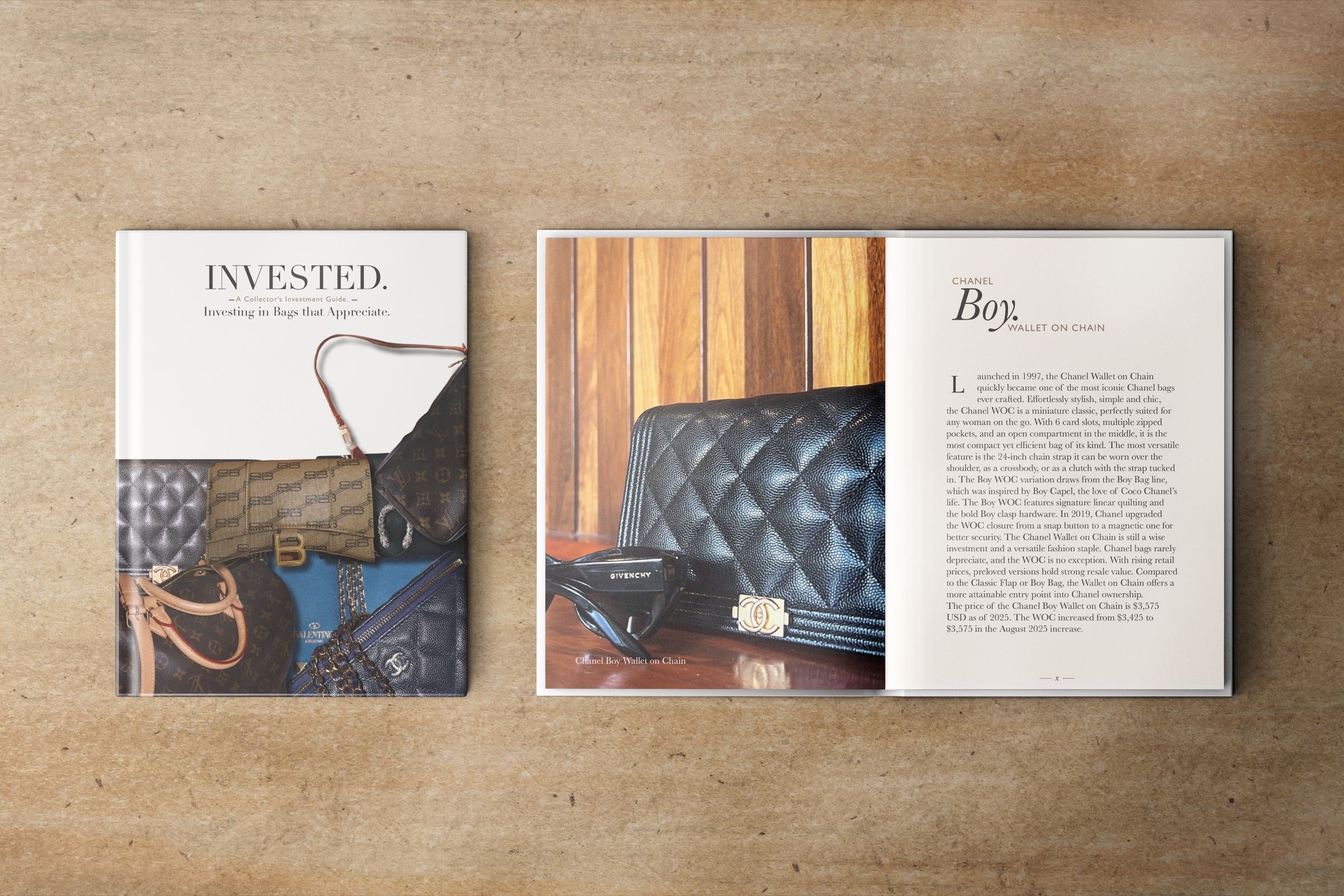 Invested publication cover beside an editorial spread about the Chanel Boy Wallet on Chain.