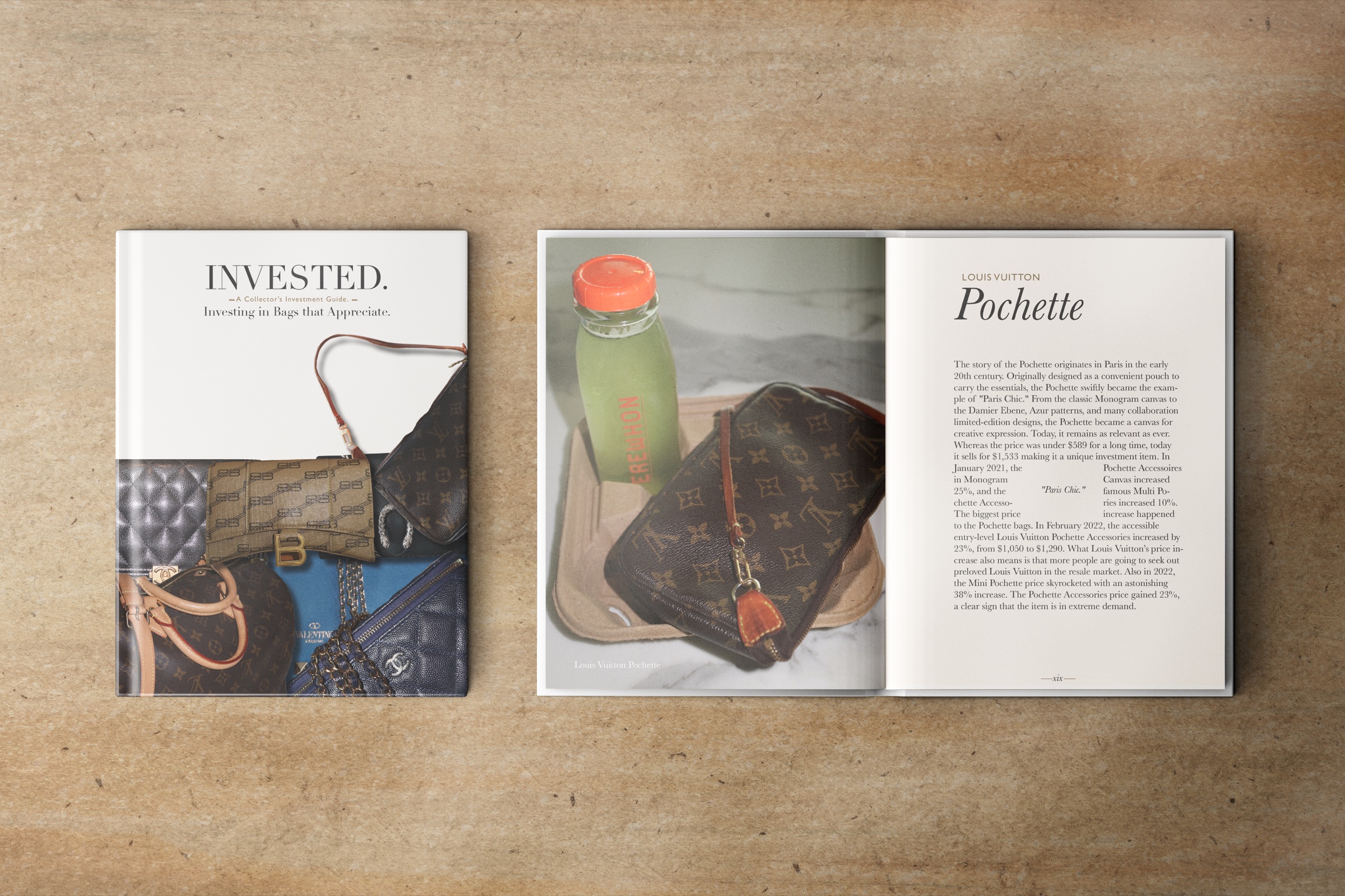 Invested publication cover beside an editorial spread about the Louis Vuitton Pochette.
