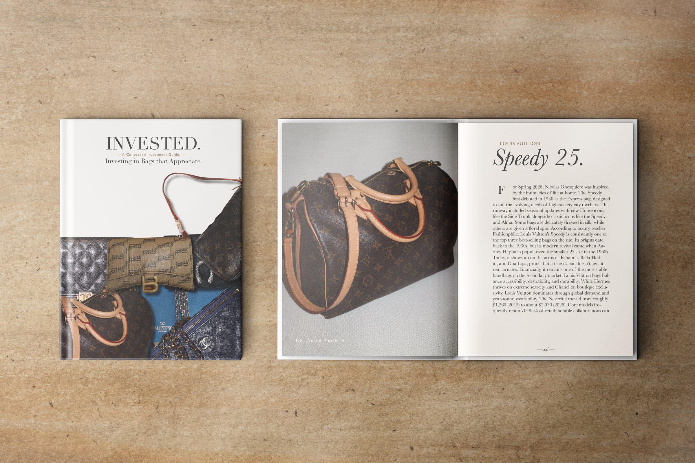 Invested publication cover beside an editorial spread about the Louis Vuitton Speedy 25.