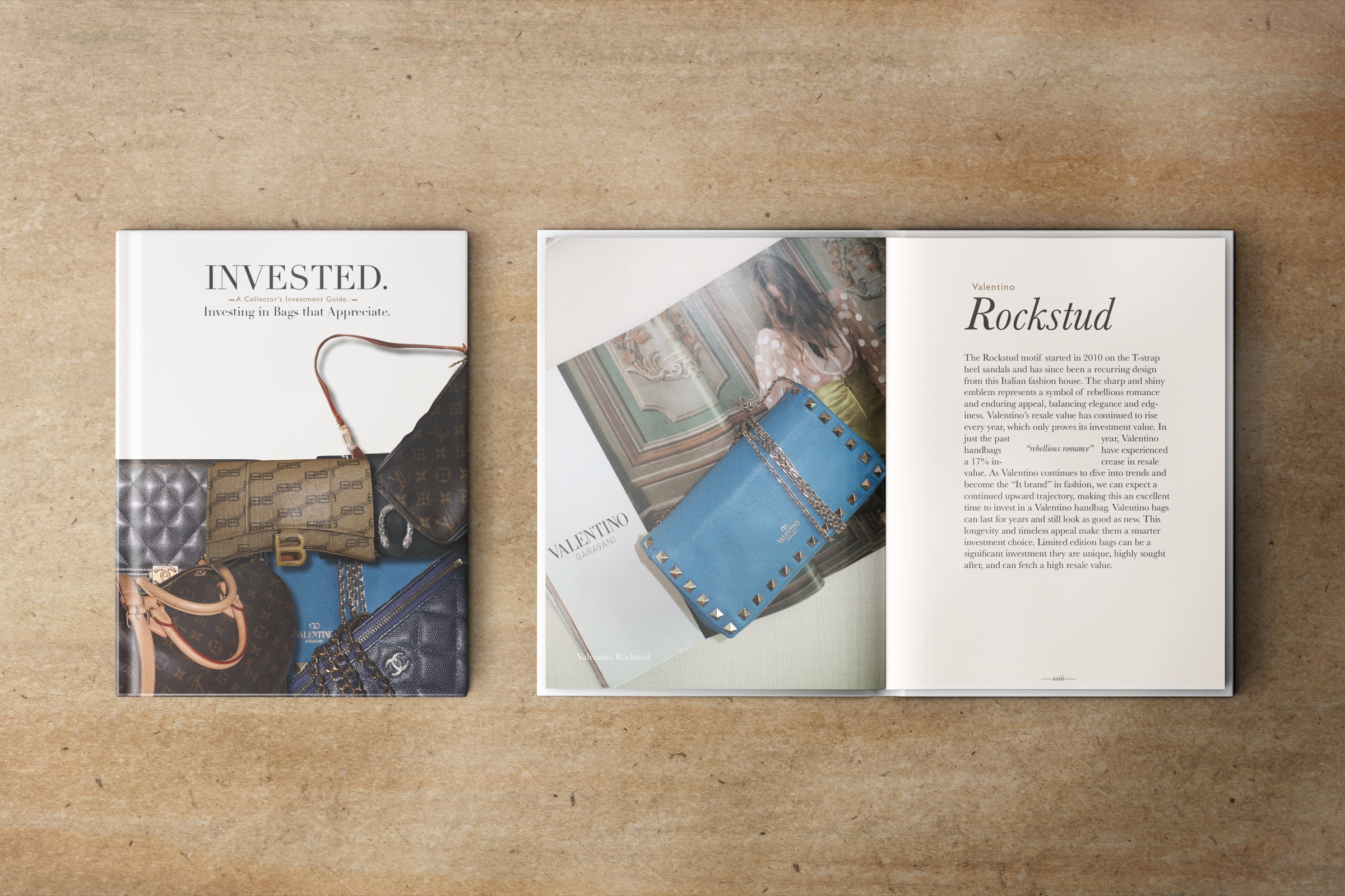 Invested publication cover beside an editorial spread about the Valentino Rockstud bag.